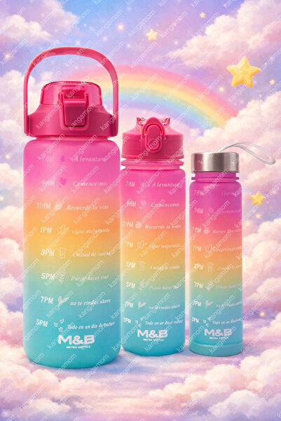 M&B WATER BOTTLE 3lü Motivasyonel Set, Bpa Içermez Motivasyonel Su Matarası M...