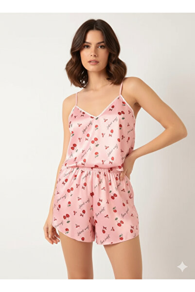 QUZİ Cherry Patterned Satin Strap Pajama Set