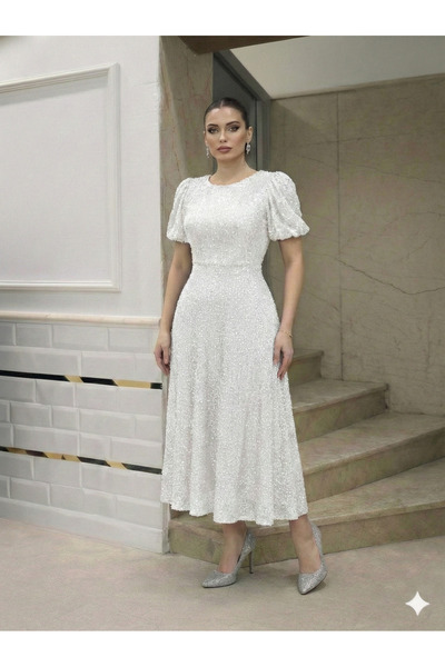 QETEENN فستان سهرة أنيق مزين بالترتر مع أكمام بالونية، لون إكرو