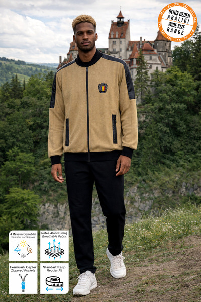 BESSA Beige Romania Emblem Printed Tracksuit Set with Zipper Pockets, Straigh...