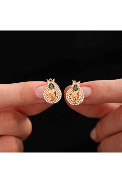 Sembol Gold Tuğralı Altın Küpe Zümrüt Taşlı