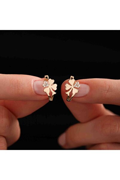 Sembol Gold Altın Kalpli Yonca Küpe Taşlı