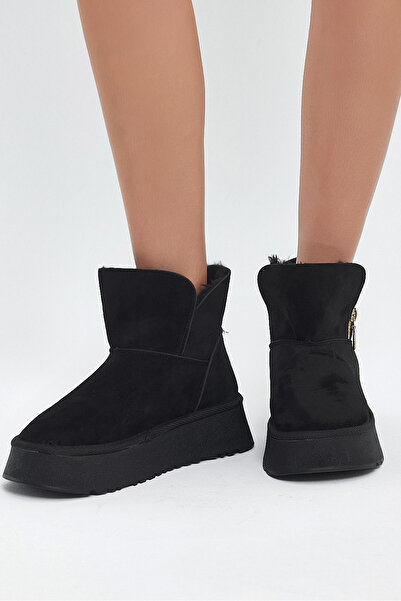 Tonny Black Kadın Siyah Süet Rahat Kalıp Fermuarlı Kürklü Süet Bot