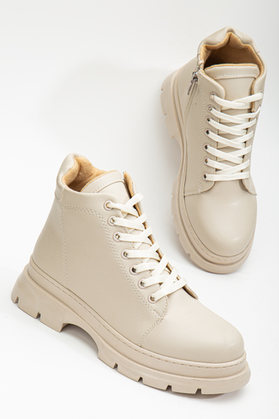 Tonny Black Γυναικείες μπότες με κορδόνια σε μπεζ χοντρή θερμική σόλα