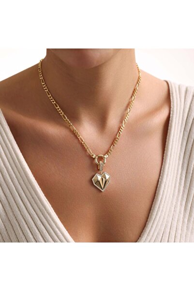 Sembol Gold Kalp'li Charm Figaro Zincir Gemici Kilit 14 Ayar 45 cm