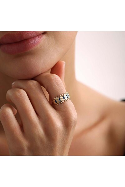 Sembol Gold Zikzak Altın Yüzük Safir Taşlı