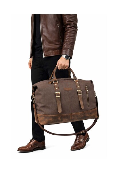 deri,se club 1993 Unisex Kahverengi Hakiki Deri Kanvas Seyahat Ve Spor Çantas...