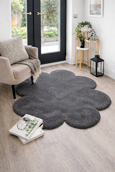 Lagom Life Antrasit Yonca Peluş Halı Dekoratif Lazer Kesim Peluş Halı Oda Halısı