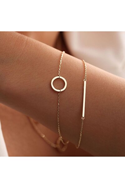 Sembol Gold Altın Barlı Bileklik Çift Zincir