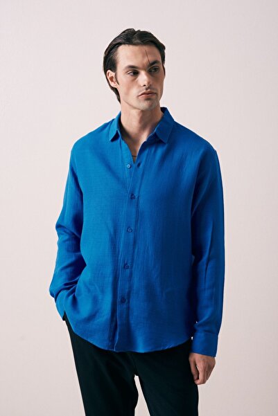 İLKCET MODA Long Sleeve Blue Muslin Men's Shirt