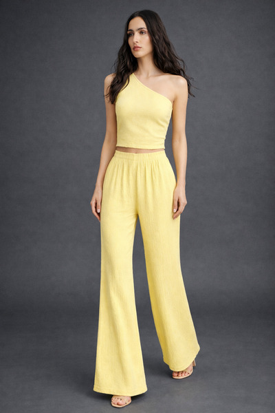 HAKKE Tek Omuz Gofre Pantolon Crop İkili TAKIM