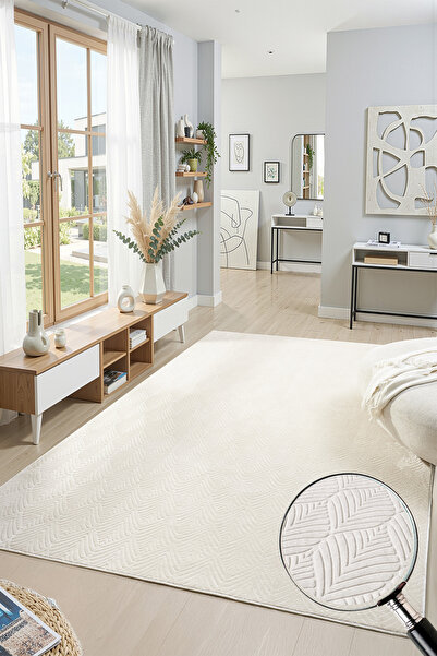 Raschel Carpet Premium Yıkanabilir Leke Tutmaz Yaprak Emboss Krem Özel Seri K...