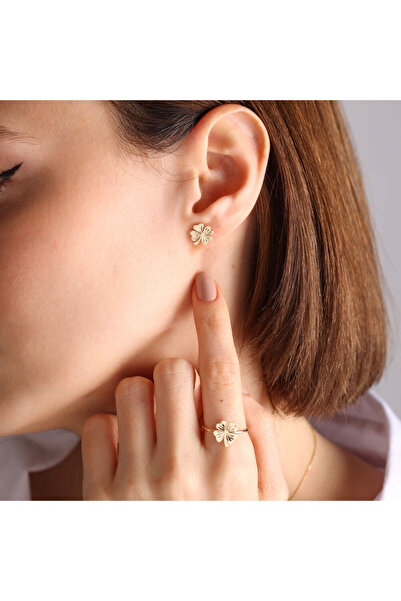 Sembol Gold 14 Ayar Altın Yonca Yüzük&Küpe