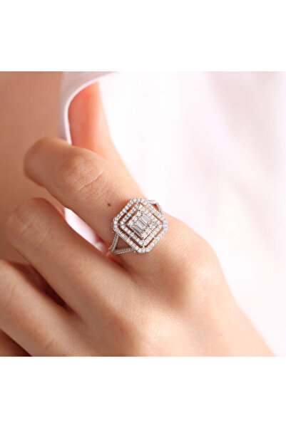 Sembol Gold Beyaz Altın Baget Yüzük Çift Kol Form