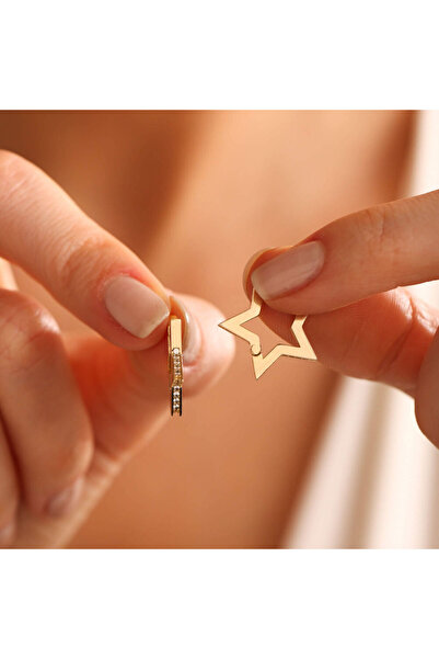 Sembol Gold Altın Halka Küpe Yıldız Form 1.5 cm Taşlı