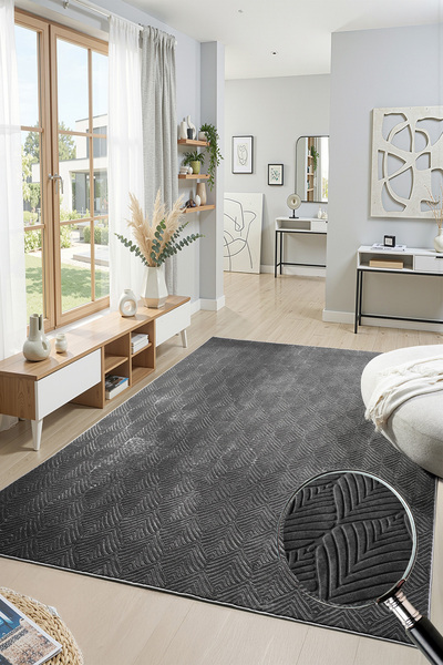 Raschel Carpet Premium Yıkanabilir Leke Tutmaz Yaprak Emboss Koyu Gri Özel Se...