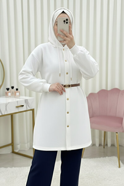 Modamorfo Hooded Sweat Cap with Snap Front and Belted Waist - White