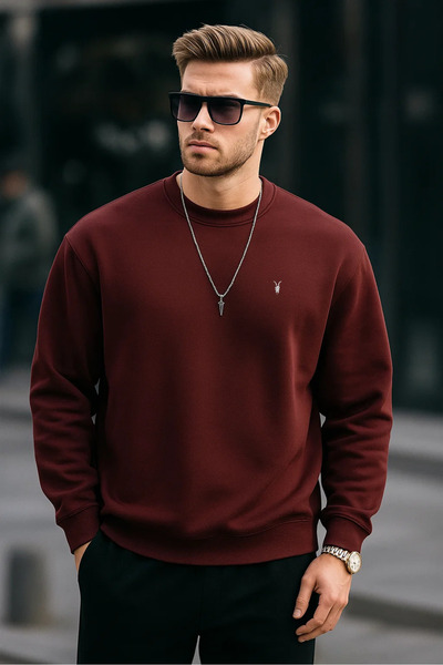 COMBİNE MİCHAİL Bordo Renk Basic Bisiklet Yaka Relaxed Regular Erkek Sweatshirt