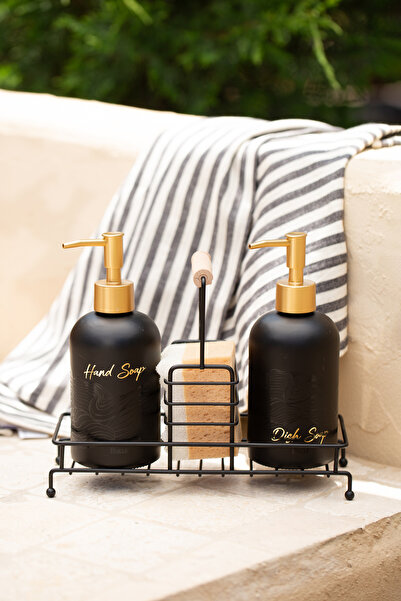 Rakle Bright Black Metal Wooden Handle Stand Set of 2 Liquid Soap Dispenser B...