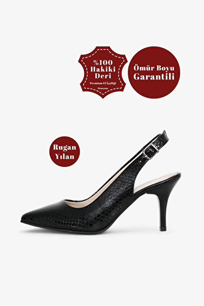 Grasyano Hakiki Deri Stiletto Sandalet Siyah Yılan Desenli Konforlu Yumuşak D...