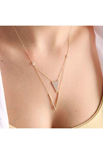 Sembol Gold Altın Piramit Kolye Taşlı & Taşsız
