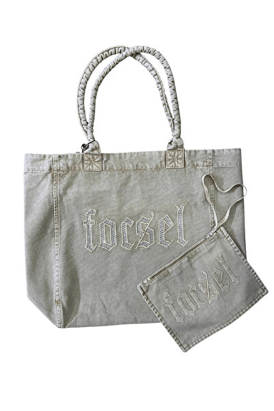 focsel Canvas Kumaş Taş Detaylı Tote Çift Çanta