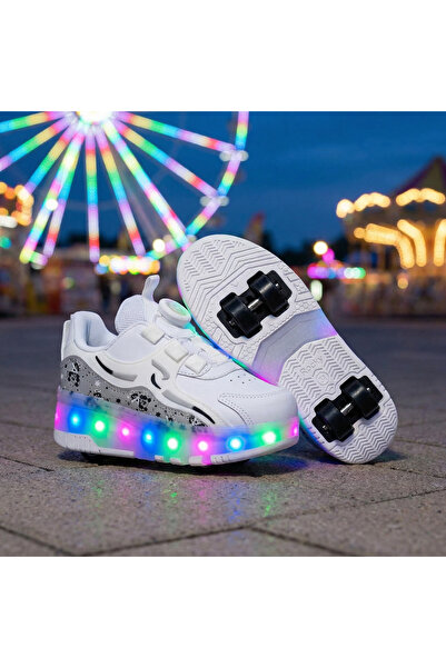 ROCKY Çocuk Düz Beyaz LED Işıklı Patenli Ayakkabı – Ortopedik Taban
