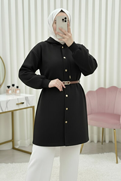 Modamorfo Hooded Sweat Cap with Snap Front and Belted Waist - Black