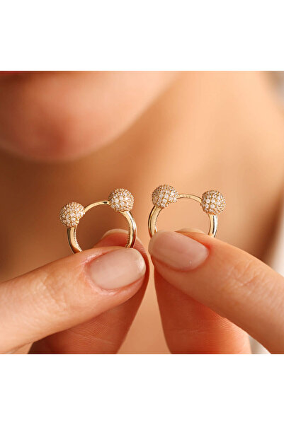 Sembol Gold Altın Halka Küpe Taşlı Top Detay 1.3 cm