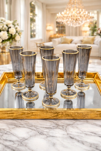 YzHome 6 Lı Flüt Füme Rengi Kahve Yanı Su Bardağı Kadeh Kupa Bardak