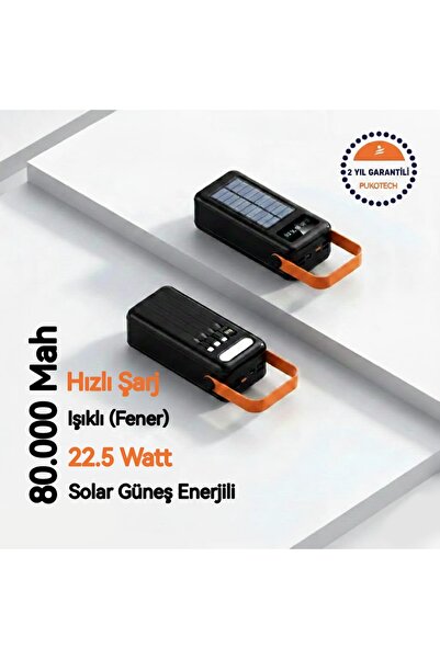 pukotech 22.5 Watt 80.000 Mah Hızlı Şarj Güneş Enerjili Işıklı Kablolu Usb Ty...
