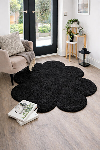 Lagom Life Siyah Yonca Peluş Halı Dekoratif Lazer Kesim Peluş Halı Oda Halısı