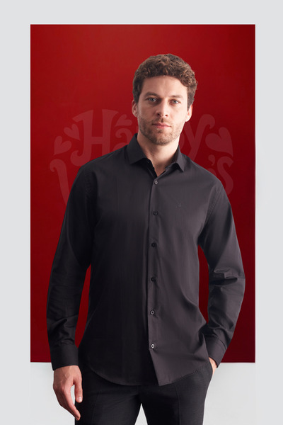 İmza Black Half Italian Collar Long Sleeve Premium S Slim Fit 100% Cotton Shi...