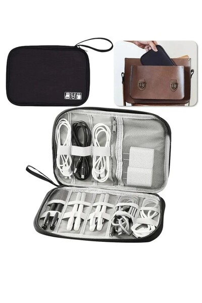 TATA CRAFT Siyah Çok Gözlü Organizer Düzenleyici Çanta Saat Kordonu Şarj Kabl...