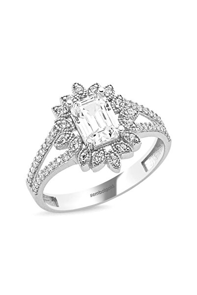 Sembol Gold Baget Yüzük Beyaz Altın Çiçek Tasarım 0,50 Karat