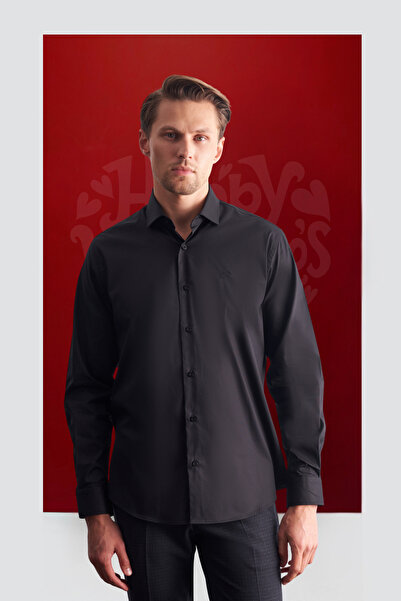 İmza Black Half Italian Collar Long Sleeve Premium S Slim Fit Cotton Shirt 10...