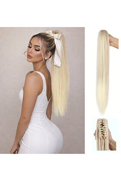 NeednStore Platin Sarı Düz 60 cm Tokalı At Kuyruğu Peruk Saç - Buzul Beyaz Ma...