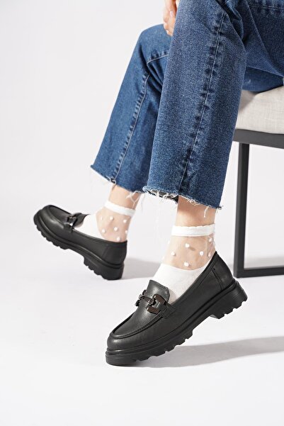 Moda Pie Loafer pentru femei Yevela cu cataramă, balerină, piele neagră