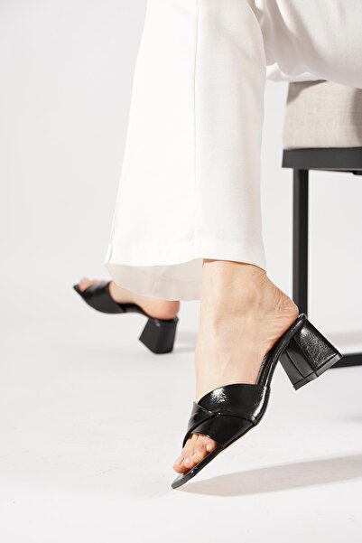 Moda Pie Samer Folded Flat γυναικείες παντόφλες με τακούνι μαύρο λουστρίνι