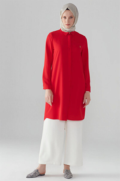 Zühre Red Tunic with Hidden Button Detail T-0767
