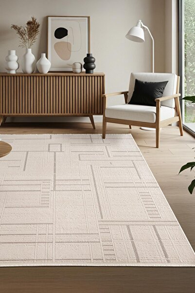 Karmen Halı Leon LN004A Krem Halı Modern Desen Pamuk Taban Akrilik Tozuaz Sal...