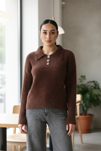 azragül giyim Shirt Collar Buttoned Fleece-Lined Knitwear Sweater