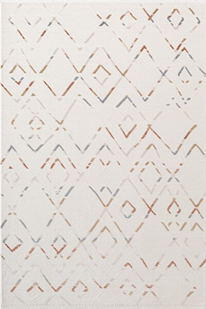 Karmen Halı Icon IC006R Krem Renkli Geometrik Modern Desenli Pamuk Tabanlı Ak...