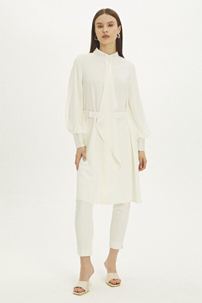 Zühre Hakim Yaka Taş Işlemeli Uzun Ekru Tunik 1340