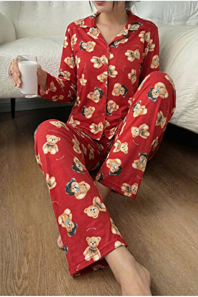 MİSSLALE Önden Düğmeli Ayıcık Desenli Uzun Kollu Kadın Pijama Takımı