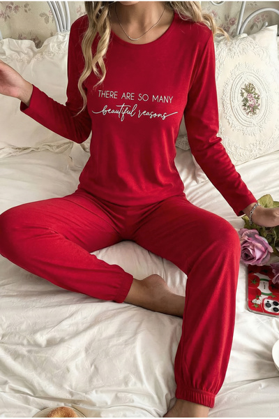 MİSSLALE طقم بيجامة نسائية مخملية بأكمام طويلة مع تفاصيل مطبوعة