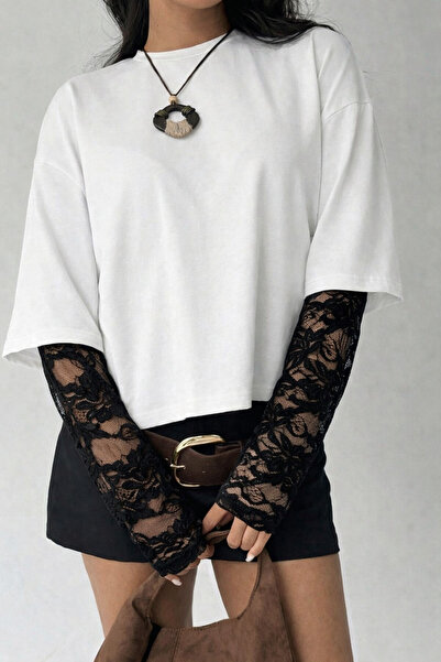 poswicon біла оверсайз футболка чорна мереживна рукава круглий комір верх