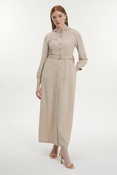 Zühre Kapüşonlu Fermuar Detaylı Kuşaklı Bej Pardesü 13785