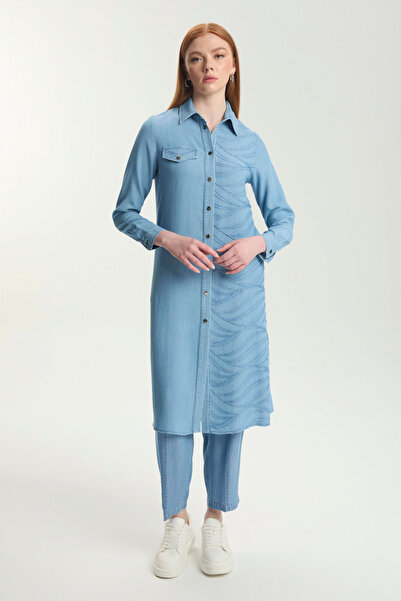 Zühre Patterned Long Denim Blue Tunic 1556