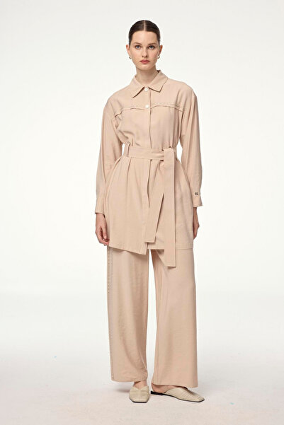 Zühre Gömlek Yaka Kuşaklı Ikili Bej Takım 1649